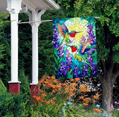 Spring Summer Hummingbird House Flag Double Sided 28x40 Inch, Stained Glass Hummingbird Floral Outdoor Flag Seasonal Farmhouse Outside Outdoor Decoration