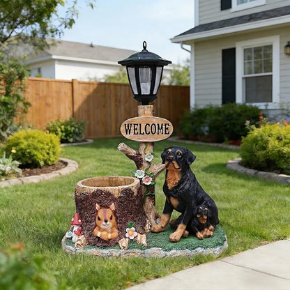 20" Solar rottweiler Garden Statue with Welcome Sign & Planter - Large Dog Sculpture with LED Street Lantern - Weatherproof Resin Decorative Flower Pot for Porch, Yard & Patio - Pet Lover Gift