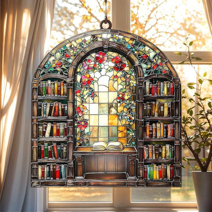 Floral Bookshelf Acrylic Suncatcher, Bookish Suncatchers for Window Hanging Ornament, Art Garden Decor for Book Lover Reader Bookworm, Gifts for Mother's Day, Mom, Grandma, Wife, Women, Nana
