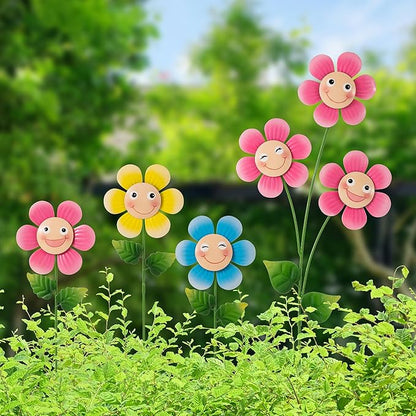 Glitzhome Set of 3 Happy Face Decorative Garden Stake, Metal Flower Yard Stakes with Hand Painted Smiling Design, Iron Garden Yard Spring Decor or Wall Decor, 18”H