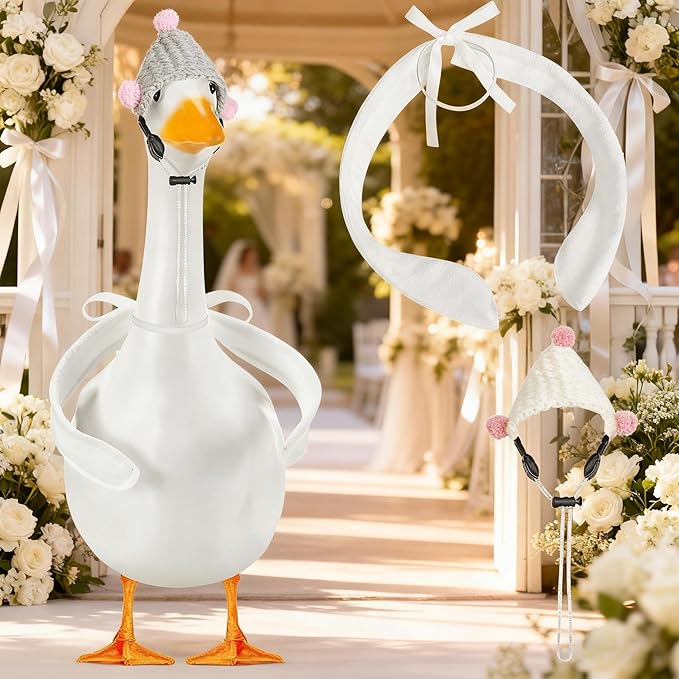 Poseable Goose Wings &Mini Hats for 23" Porch Goose Statue - 2-Pack White Fabric Arms for Custom Lawn Ornament Display - Weather-Resistant Yard Goose Accessories for Cement or Plastic Figures