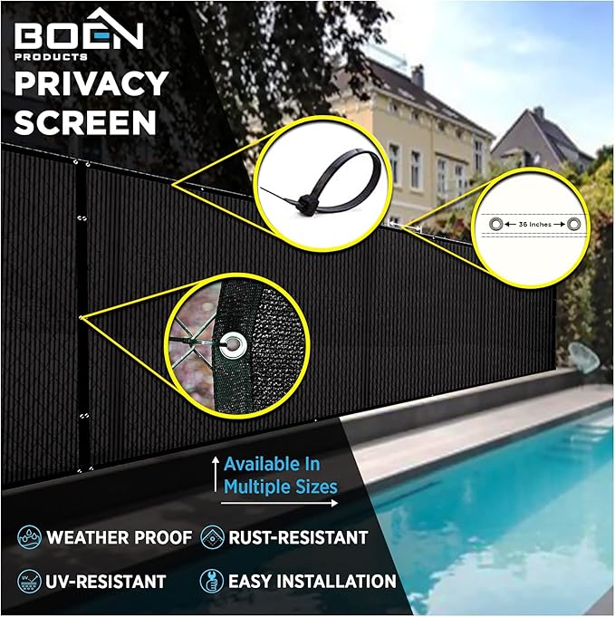 BOEN Privacy Screen Fence Netting Mesh Fabric Windscreen with Reinforced Aluminum Grommets for Garden Fence Or Any Outdoor Metal or Wooden Fencing (6' x 200', Black)