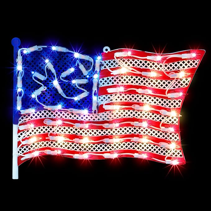 LAMPHOME 14Inch Patriotic Lighted Window Decoration,American Pride USA Flag Lighted Window Hanging - Outdoor Lighted Stars and Stripes Decoration for Home or Office