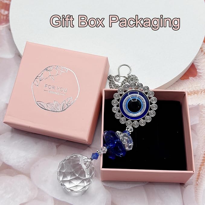 Crystal Suncatcher for Windows - Hanging Prism Sun Catchers with Crystal Balls&Blue Eye, Rainbow Maker for Home、 Garden、Car Decor (Round Eyes)