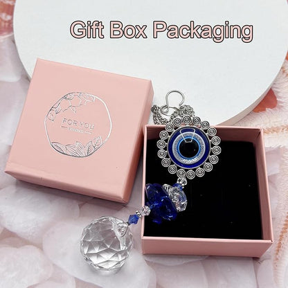Crystal Suncatcher for Windows - Hanging Prism Sun Catchers with Crystal Balls&Blue Eye, Rainbow Maker for Home、 Garden、Car Decor (Round Eyes)