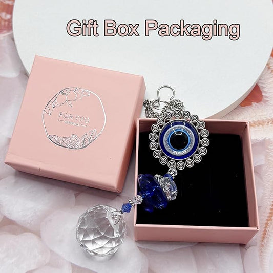 Crystal Suncatcher for Windows - Hanging Prism Sun Catchers with Crystal Balls&Blue Eye, Rainbow Maker for Home、 Garden、Car Decor (Round Eyes)
