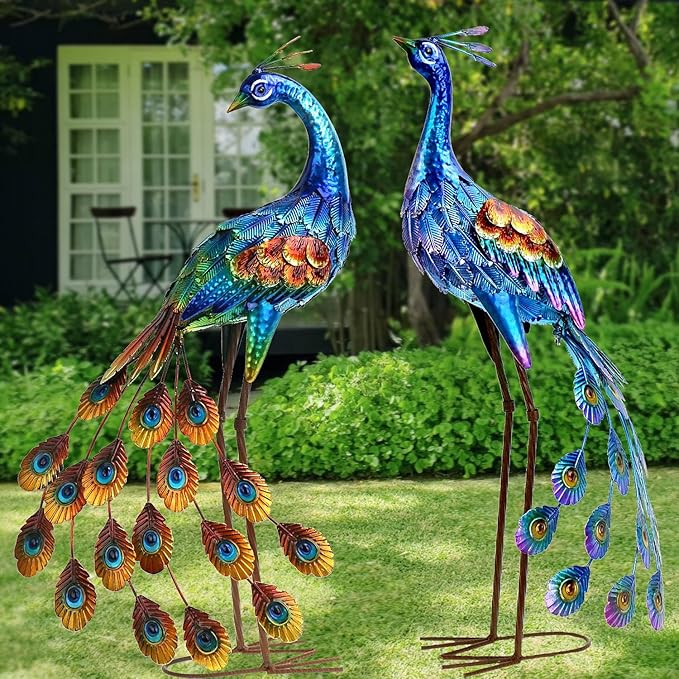 Kircust Peacock Garden Statue and Sculpture, Metal Peacocks Yard Art Lawn Decor, Large Birds Garden Sculptures & Statues for Patio Backyard Pond Home Decoration