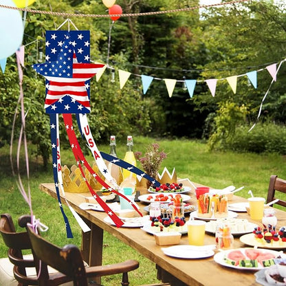 40 Inches USA Star Windsock Decoration, Patriotic Themed Hanging Wind Sock Ornament with Red, White, Blue Streamers, 'USA' Lettering, and Stars for 4th of July, Memorial Day, Veterans Day Decor