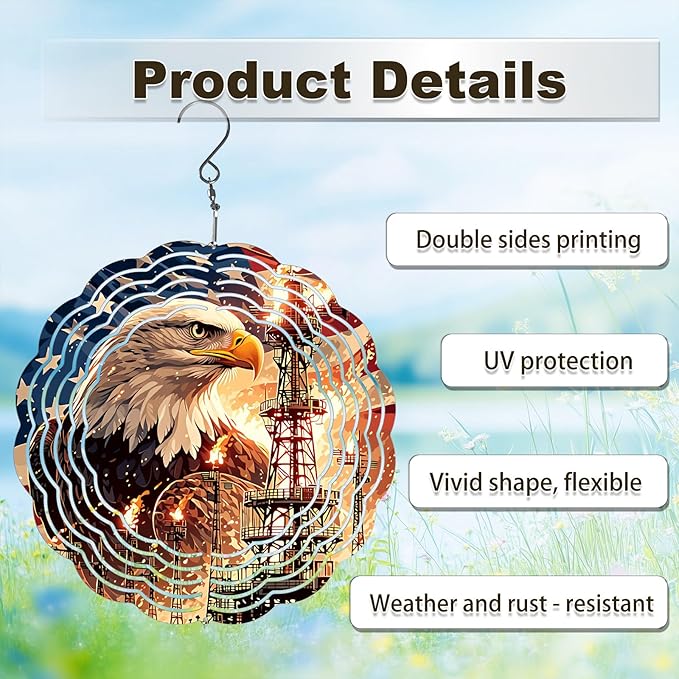 American Eagle Flag Wind Spinner Outdoor, USA 250th Anniversary Wind Chime, 8 Inch 3D Metal Garden Wind Spinner, Stainless Steel Patriotic Yard Hanging Decor Gift