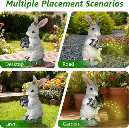 Solar Garden Decor Watering Bunny Statues Outdoor, Outdoor Sculpture Figurine Statue Lights, Outdoor Garden Yard Lawn Patio Decoration, Unique House Warming Birthday Present for Women Family