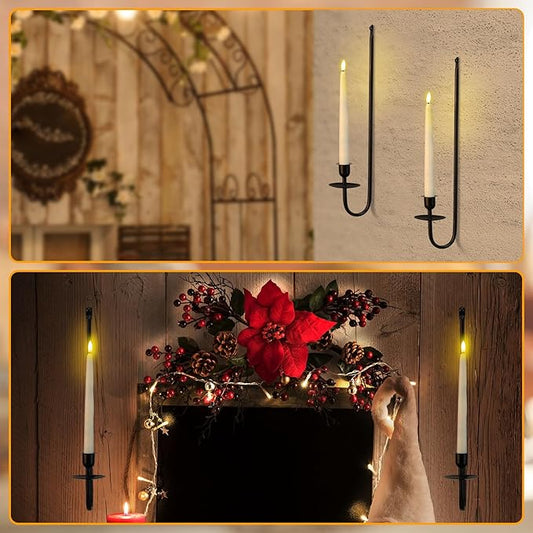 Tessco for you Metal Wall Mount Candle Sconces with 9.6" LED Flameless Taper Candles and Remote Timer 16.5" Wall Hanging Sconces Set for Living Room Fireplace Hallway Stairway(Black,4 Set)