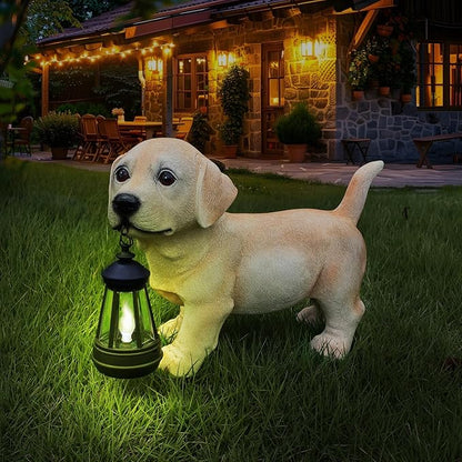 Labrador Dog Garden Statue with Solar Lantern & Interchangeable Welcome/On Patrol Sign, Cute Puppy Outdoor Decor Resin Animal Figurine for Yard, Patio, Lawn, Porch, Gifts for Dog Lovers