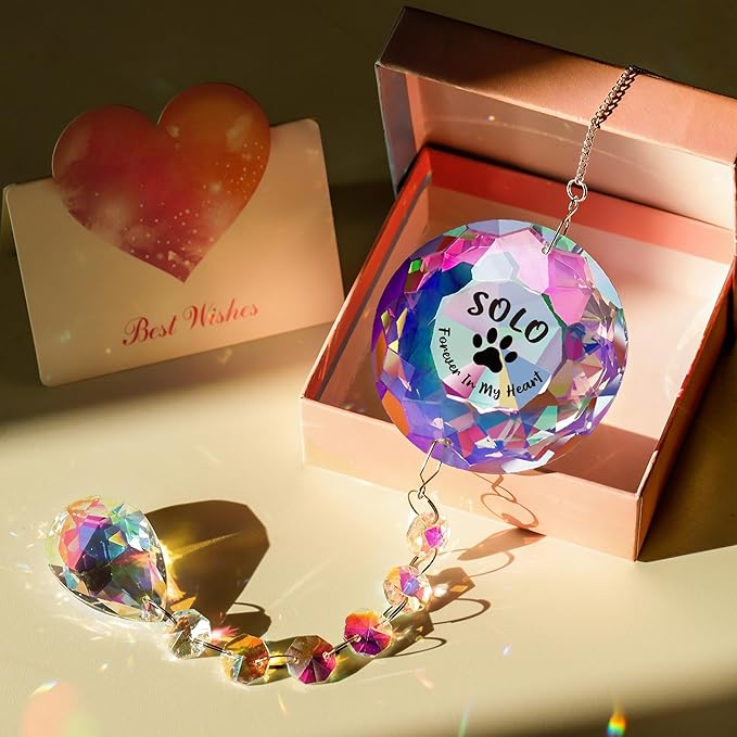 Custom Pet Memorial Crystal Suncatcher - Personalized Name Paw Print Hanging Ornament, Rainbow Prism Window Decor, Sympathy Gift for Dog/Cat Lovers, Remembrance Keepsake with Gift Box (Pet-Custom)