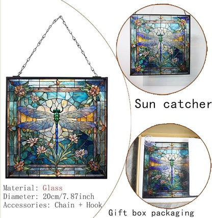 Dragonfly Stained Glass Window Hanging, 8" Stained Glass Dragonfly Sun Catcher for Windows, Suncatcher Panels for Women Christmas Thanksgiving Gift