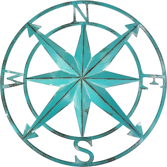 Zeckos 20.25 Inch Aqua Metal Compass Rose Wall Decor, Distressed Coastal Nautical Compass Star Round Wall Art for Entryway, Living Room, Bedroom, Hallway or Beach House