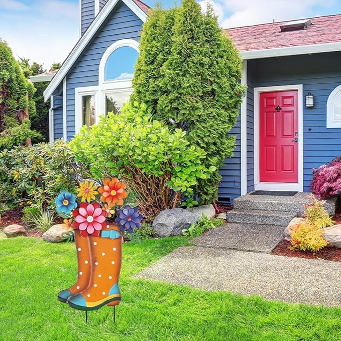 YEAHOME Garden Decor for Outside, 26” Decorative Garden Stakes Metal Boot with Flowers for Spring Decor, Yard Art Stakes for Outdoor Lawn Backyard Porch Pathway Garden Decorations