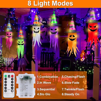 Halloween Decorations 6 Pcs Lighted Hanging Witch Hat Ghosts, 8 Modes Remote Control, 13 FT Long Halloween String Lights Holiday Decor for Indoor Outdoor Yard, Lawn, Scary Theme Party