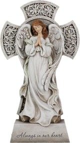 Memorial Angel Statue with Cross, 12 Inch Remembrance Angel for Loved One, Graveside or Home Sympathy Decor, Handwriting-Friendly Base