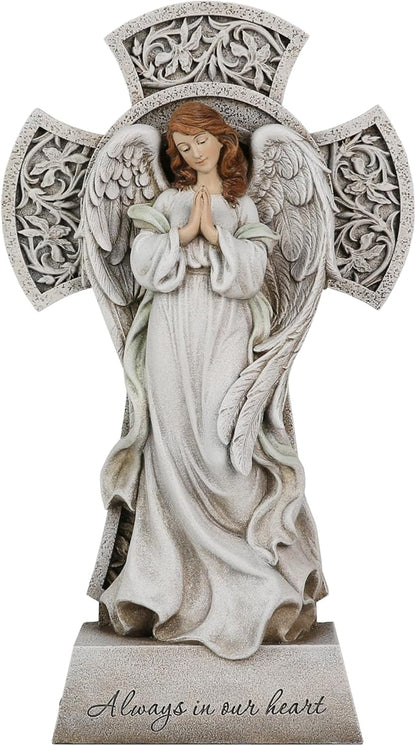 Memorial Angel Statue with Cross, 12 Inch Remembrance Angel for Loved One, Graveside or Home Sympathy Decor, Handwriting-Friendly Base