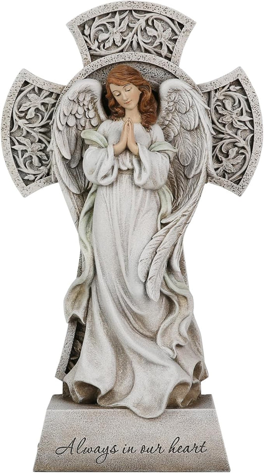 Memorial Angel Statue with Cross, 12 Inch Remembrance Angel for Loved One, Graveside or Home Sympathy Decor, Handwriting-Friendly Base