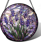 Stained Glass Window Hanging - Purple Flowers Suncatcher for Door Terrace Garden Home Decor Lavender Plant Floral Sun Catcher Birthday Gifts for Lovers Women Men Dad Mom Nana 11.8 in