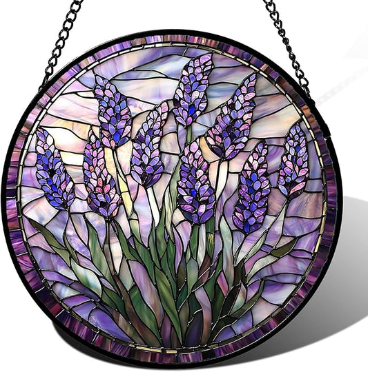 Stained Glass Window Hanging - Purple Flowers Suncatcher for Door Terrace Garden Home Decor Lavender Plant Floral Sun Catcher Birthday Gifts for Lovers Women Men Dad Mom Nana 11.8 in