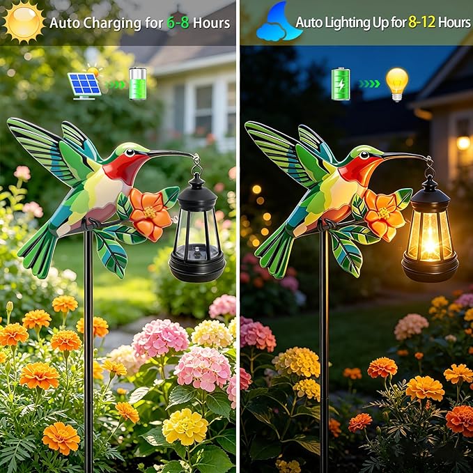 2 Pack Solar Garden Statue Figurine with Solar Lanterns Outdoor Waterproof, Green Hummingbird Hanging Solar Light, Solar Path Light Yard Art, Outside Patio Garden Decor Best Gift for Mom Grandma Women