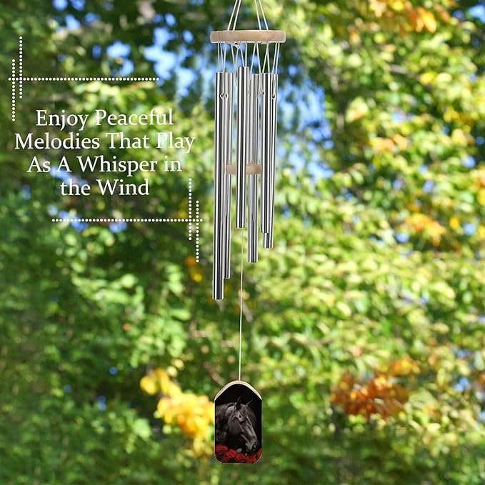 Wind Chimes for Outside,Red Rose and Black Horse Printed Cute Aluminium Windchimes Outdoors,Soothing Melodic Memorial Wind Chime for House Porch Patio Garden Balcony Decor