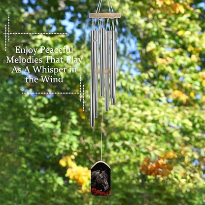 Wind Chimes for Outside,Red Rose and Black Horse Printed Cute Aluminium Windchimes Outdoors,Soothing Melodic Memorial Wind Chime for House Porch Patio Garden Balcony Decor