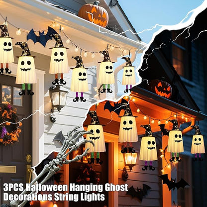 3 Packs Halloween Decorations Outdoor, Hanging Ghosts String Lights Halloween Decor, Spooky Cute Glowing Ghost Witch Hat Lights 3 Modes for Patio Yard Front Porch Tree House Party(18 Batteries)