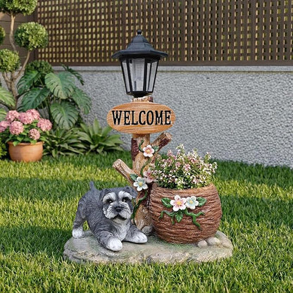 20" Solar Schnauzer Garden Statue with Welcome Sign & Planter - Large Dog Sculpture with LED Street Lantern - Weatherproof Resin Decorative Flower Pot for Porch, Yard & Patio - Pet Lover Gift