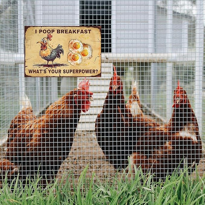 Chicken-Sign Metal-Sign Wall-Art Décor-Yard, Poop Breakfast Superpower, Farm Plaque Garden Sign Outdoor Coop Décor for Home Fence 8 X 12 Inches