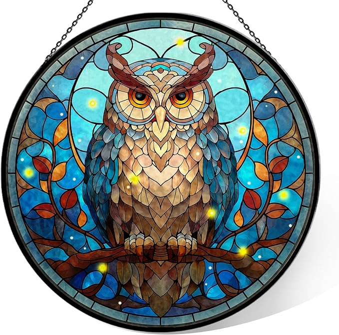 Owl Stained Glass Window Hanging, 7.9" Owl on a Branch Suncatcher for Window Doors Home Decoration, Owls Decor for Home, Mother's Day Christmas Birthday Gifts for Owls Lovers Women Men