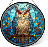 Owl Stained Glass Window Hanging, 7.9" Owl on a Branch Suncatcher for Window Doors Home Decoration, Owls Decor for Home, Mother's Day Christmas Birthday Gifts for Owls Lovers Women Men