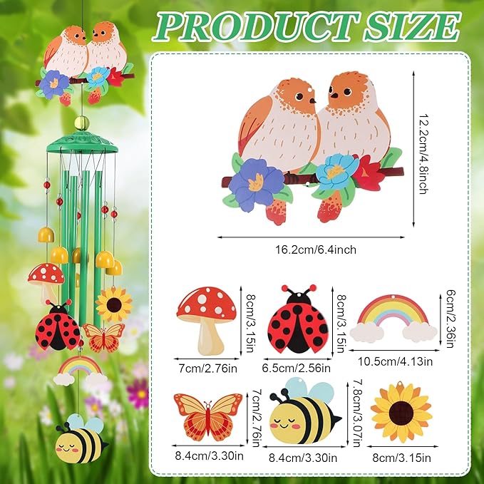Green Hummingbird Wind Chimes for Outside Holiday Decor with Rainbow,Butterfly,Bee,Ladybug and Gift Box Metal Wind Chime for Porch Garden Patio