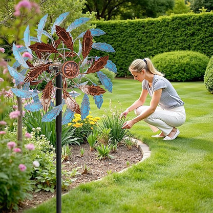 Metal Outdoor Wind Spinner, Wind Sculpture Spinner with Metal Stake, Waterproof 360 Degrees Kinetic Windmill Art Decoration for Patio Garden Lawn (Blue+Brown)