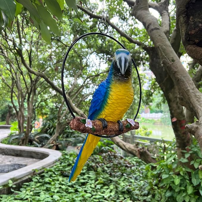 Hanging Parrot Macaw Sculpture Ring Perch Indoor/Outdoor Statue for Patio Home Garden, Medium 15 Inch Tall