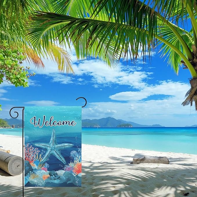 Welcome Coastal Garden Flag with Starfish Ocean Theme Summer Beach Yard Flags Nautical Sea Life Outdoor House Banner for Yard Lawn Patio Porch Pool Rusitc Seasonal Home Decor 12x18 Inch