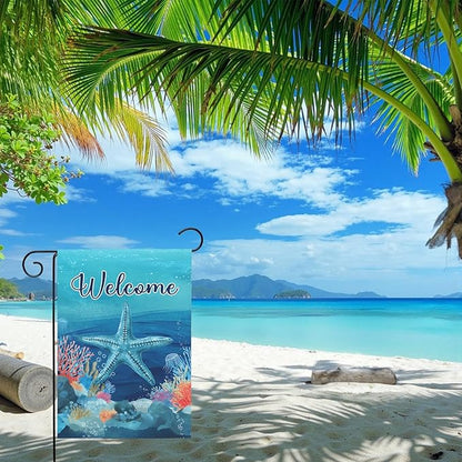 Welcome Coastal Garden Flag with Starfish Ocean Theme Summer Beach Yard Flags Nautical Sea Life Outdoor House Banner for Yard Lawn Patio Porch Pool Rusitc Seasonal Home Decor 12x18 Inch