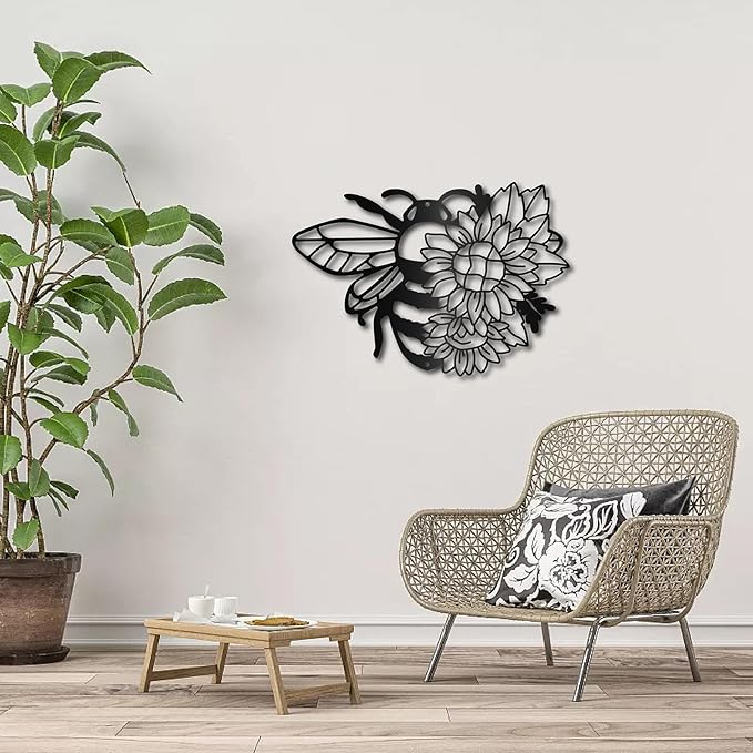 CREATCABIN Bees Metal Wall Art Decor Sunflower Sculpture Wall Hanging Decoration Sign Iron Outline Wall Art Black Rustic Decor Ornament Wall for Indoor Outside Living Room Home Office 12 x 9Inch