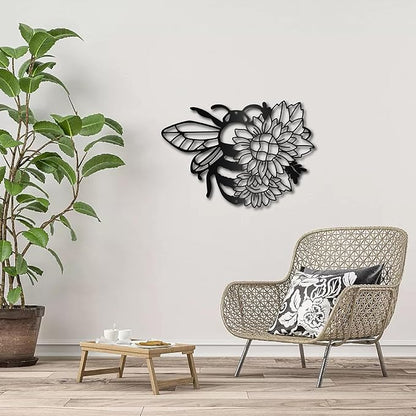 CREATCABIN Bees Metal Wall Art Decor Sunflower Sculpture Wall Hanging Decoration Sign Iron Outline Wall Art Black Rustic Decor Ornament Wall for Indoor Outside Living Room Home Office 12 x 9Inch