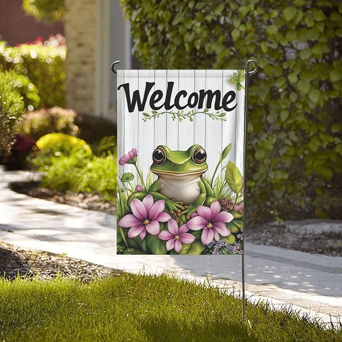 Welcome Frog Pink Flowers Garden Flags 12×18 Inch Double Sided Decorative Yard Banner Seasonal Flag for Outdoor Outside Decor
