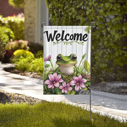 Welcome Frog Pink Flowers Garden Flags 12×18 Inch Double Sided Decorative Yard Banner Seasonal Flag for Outdoor Outside Decor