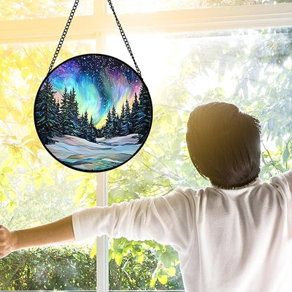 DASTOLL Stained Glass Window Hanging, Aurora Landscape Sun Catchers Glass Panel Green Trees Suncatcher Decor for Birthday for Women, Men, Wife, Aunt, and Mom 7.8 in