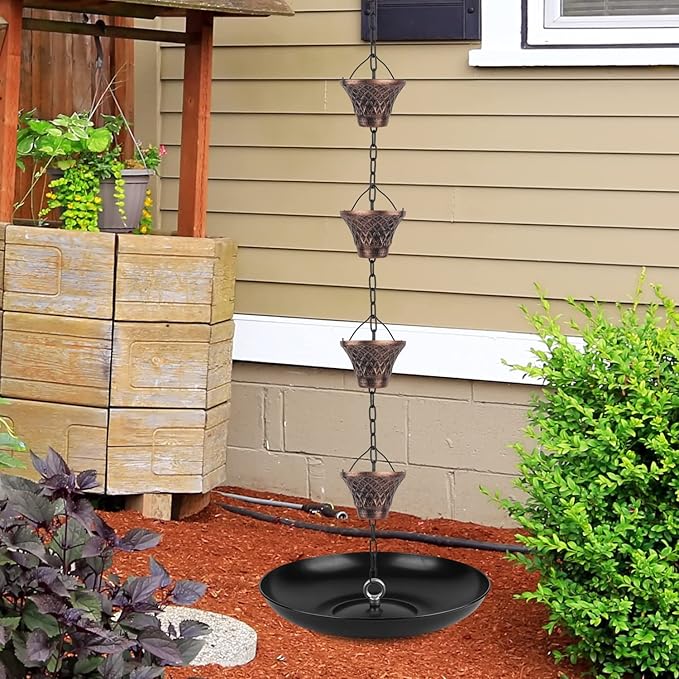 Rain Chains 8.5 Ft, Gutter Downspouts Diverter Outdoor Metal Copper Plaid Rainwater Extensions, 12 Cups