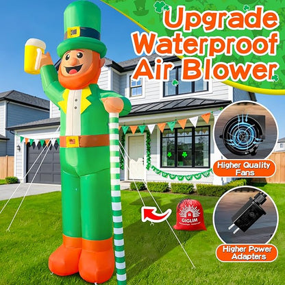 12Ft Giant St. Patrick's Day Blow Up Inflatable Leprechaun Takes a Beer St Patricks Day Inflatable Yard Decorations St Patricks Blow Up Inflatable for Outdoor Garden Lawn Party(with Drawstring Bag)