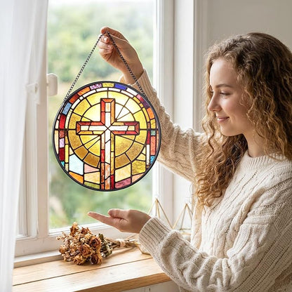 Stained Glass Suncatcher, 7.9 Inch Stained Glass Window Hanging Faith Cross Sun Catcher, Window Hanging Ornament Garden Decor Modern Farmhouse Decoration Catholic Gifts Religious Gifts