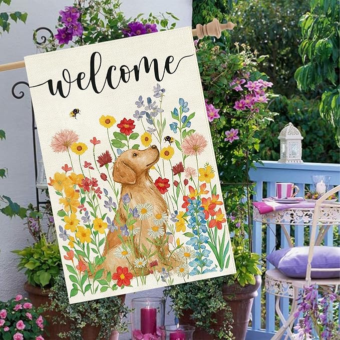 Baccessor Spring Summer Dog House Flag 28x40 Inch Double Sided Burlap, Floral Flowers Large Garden Flag Holiday Yard Porch Patio Farmhouse Outdoor Outside Decoration