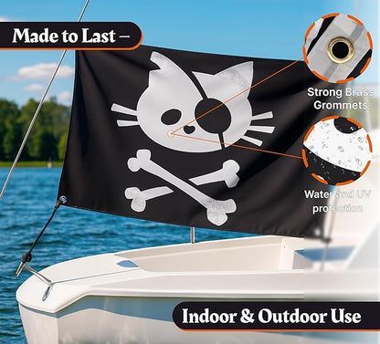 3x5 Feet Pirate Cat Skull and Crossbone Home Polyester Flags with 4 Brass Grommets - Decorative Home Fall Single Sided Flags for Infoor or Outdoor - Garden Yard Porch Patio Banner for Decor