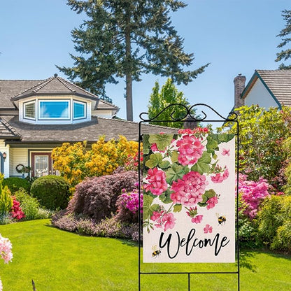 Welcome Spring Summer Geranium Decorative House Flag, Pink Floral Flowers Bees Garden Yard Outside Decorations, Seasonal Burlap Outdoor Large Home Decor Double Sided 28 x 40